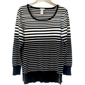 Cache Black White Stripe Cotton Blend Zipper Detail Hem Sweater Sz XL